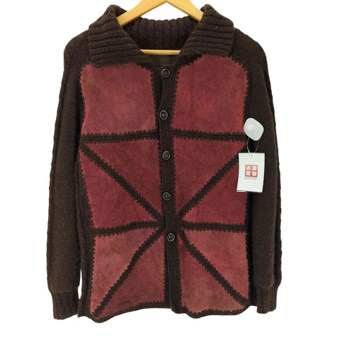 スエード切替 ボタン ニット カーディガン 袖ケーブル編み メンズ